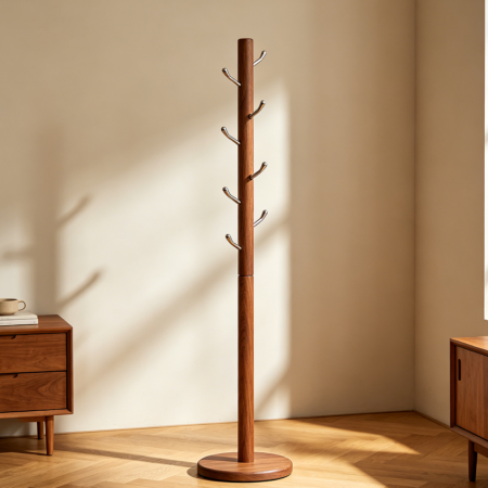 Floor Standing Coat Rack with Solid Rubberwood and 5 Hooks