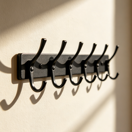 Wall Mounted Coat Rack with Six Black Metal Hooks