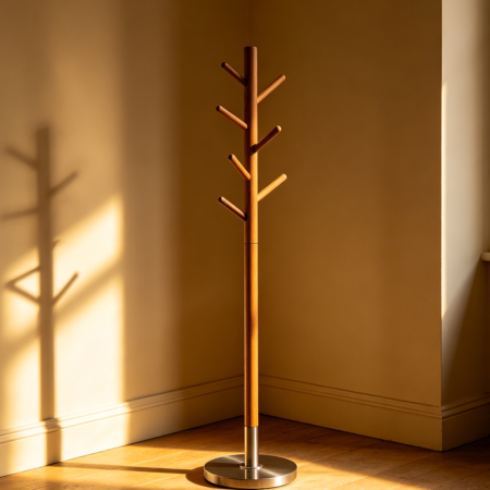 Tree Style Coat Rack with Wooden Pole and Metal Base